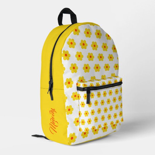 Retro Yellow Daisy Blume Groovy Style Bedruckter Rucksack (Rückseitige Ecke links)