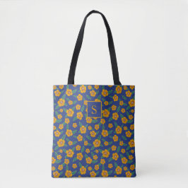 Retro Yellow Flowers Muster Monogram Navy Tasche