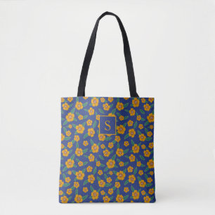 Retro Yellow Flowers Muster Monogram Navy Tasche