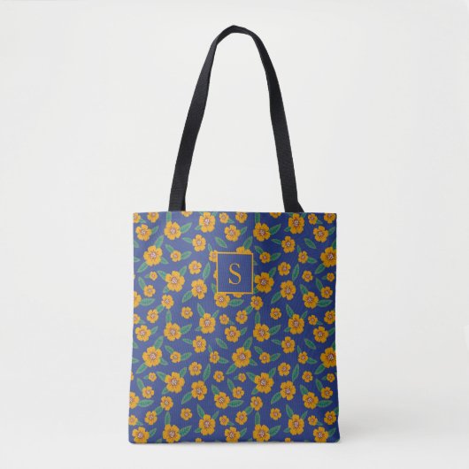 Retro Yellow Flowers Muster Monogram Navy Tasche (Vorderseite)