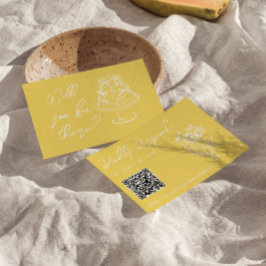 Retro Yellow Hand Drawn Floral QR Code Wedding  RSVP Karte