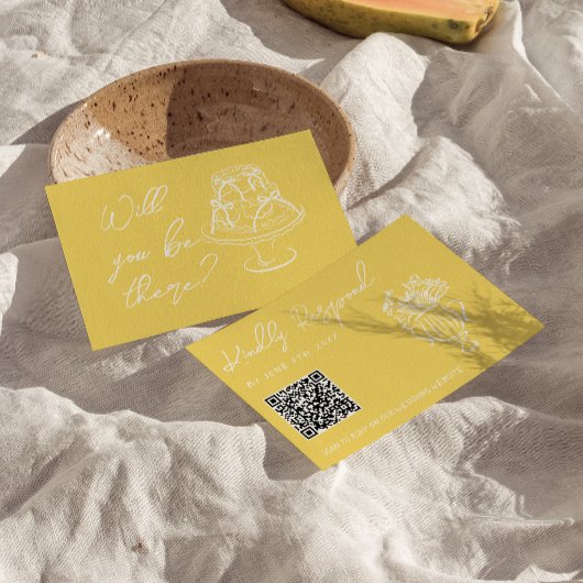 Retro Yellow Hand Drawn Floral QR Code Wedding RSVP Karte