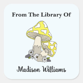 Retro Yellow Mushroom Book Label Quadratischer Aufkleber