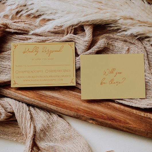 Retro Yellow Orange Hand Written Drawn Wedding RSVP Karte