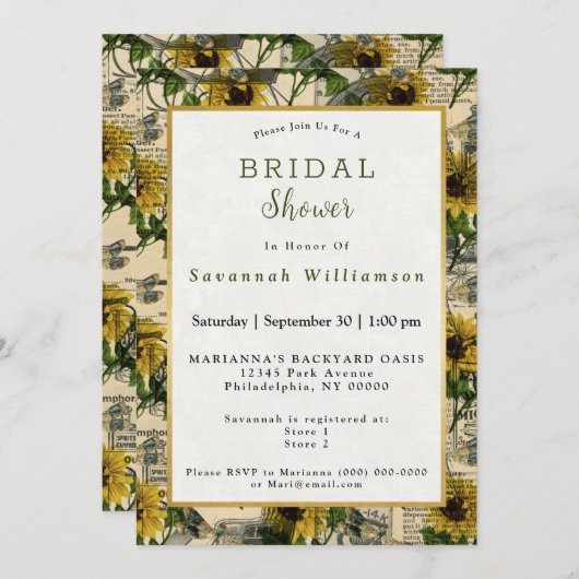 Retro Yellow Sunflower Newspaper Brautparty Einladung (Vorne/Hinten)