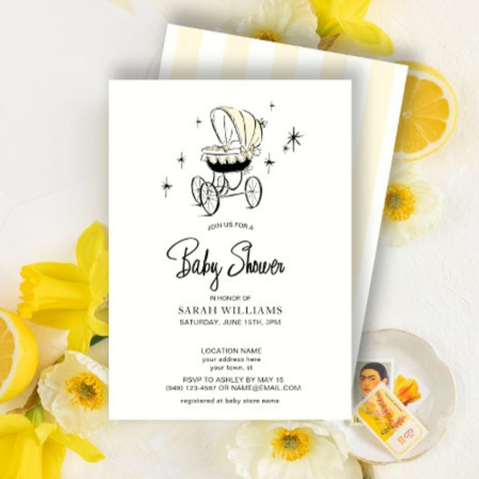 Retro Yellow Watercolor Stroller Script Einladung