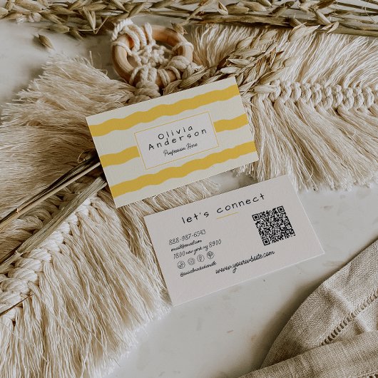 Retro Yellow Wavy Stripes Trendy Boho QR Code Fun Visitenkarte