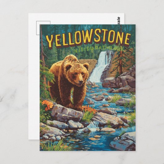 Retro Yellowstone - Grizzlybär und Wassermann Postkarte (Vorne/Hinten)