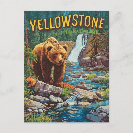Retro Yellowstone - Grizzlybär und Wassermann Postkarte (Vorderseite)