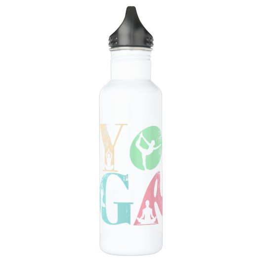 Retro-Yoga-Typografie mit Silhouetten von Posen Edelstahlflasche (Links)