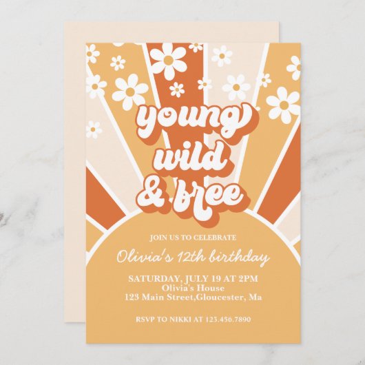 Retro Young Wild Burnt Orange Sunshine daisine Einladung (Vorne/Hinten)