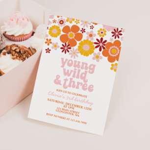 Retro Young Wild Drei Blumen 3. Geburtstag Einladung