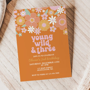 Retro Young Wild Drei Blumen zum ersten Geburtstag Einladung