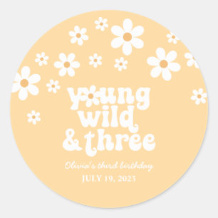 Retro Young Wild drei Daisy Blumen 3. Geburtstag Runder Aufkleber