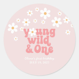 Retro Young Wild One Daisy floral 1. Geburtstag Runder Aufkleber