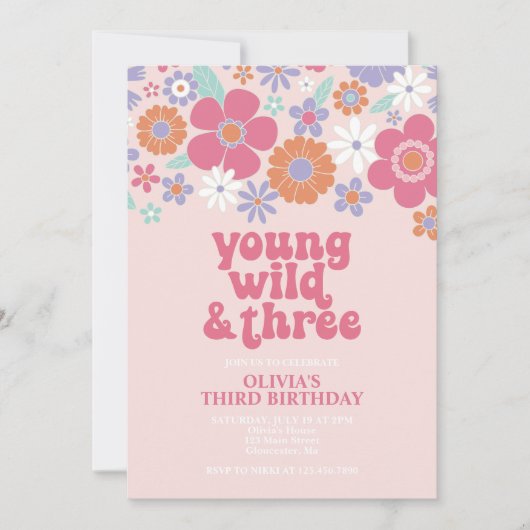 Retro Young Wild Three Pink Floral Einladung (Vorderseite)