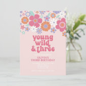 Retro Young Wild Three Pink Floral Einladung (Stehend Vorderseite)