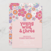 Retro Young Wild Three Pink Floral Einladung (Vorne/Hinten)