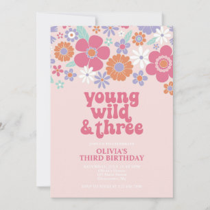 Retro Young Wild Three Pink Floral Einladung
