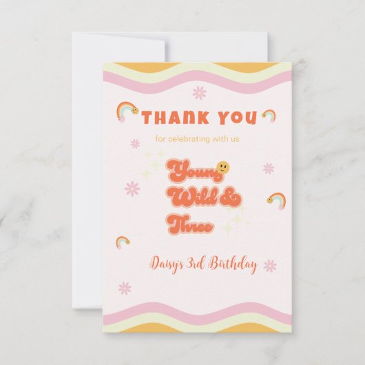 Retro Young Wild und Three Birthday Dankeskarte (Vorderseite)