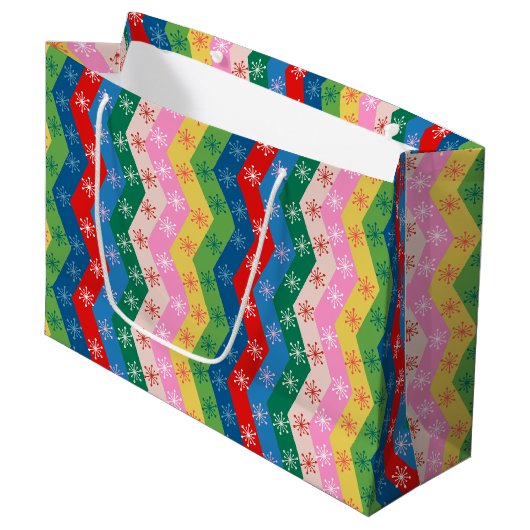 Retro zigzag Chevron Snowflake Pattern Große Geschenktüte (Vorderseite Schrägansicht)