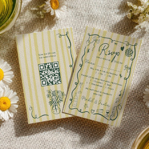 Retro-Zitrus-Grün handgezeichnete Hochzeits-QR RSVP Karte