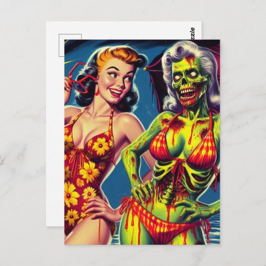 Retro Zombie-Button Postkarte (Vorne/Hinten)