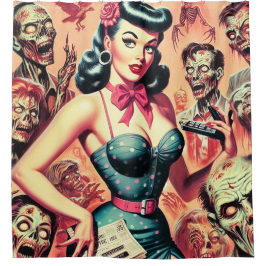 Retro Zombies-Button Duschvorhang (Vorderseite)