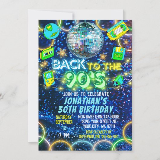 Retro Zurück zu 90er blauer grüner Neon Glow Gebur Einladung (Vorderseite)