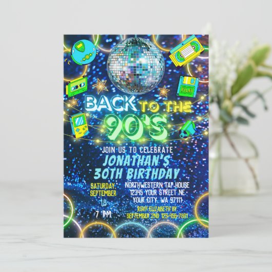 Retro Zurück zu 90er blauer grüner Neon Glow Gebur Einladung (Stehend Vorderseite)
