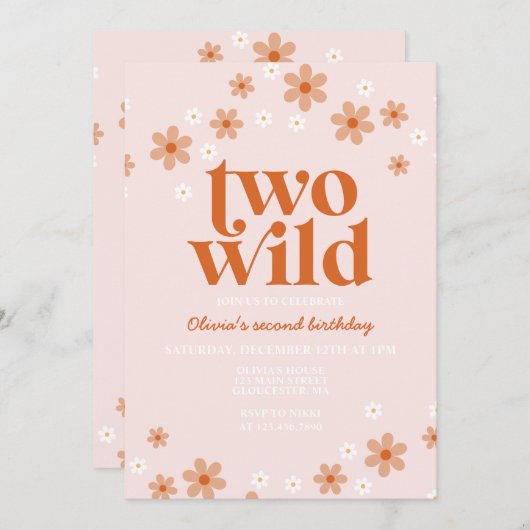 Retro zwei wild daisy boho zweiten Geburtstag Einladung (Vorne/Hinten)