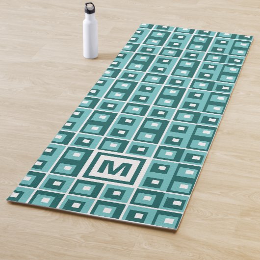 Retroblau geometrisches Quadratmuster Monogramm Yogamatte (Beispiel)