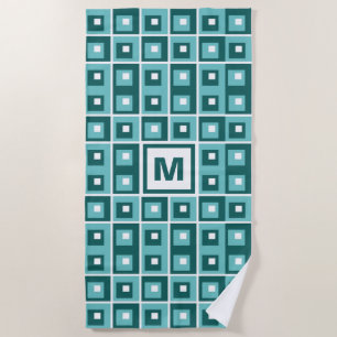 Retroblaue geometrische Quadrate Muster Monogramm Strandtuch