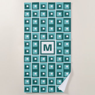 Retroblaue geometrische Quadrate Muster Monogramm Strandtuch