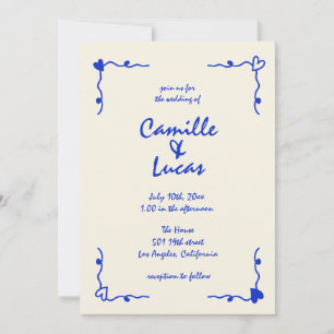 Retroblaue handgeschriebene skurril-Hochzeit Einladung