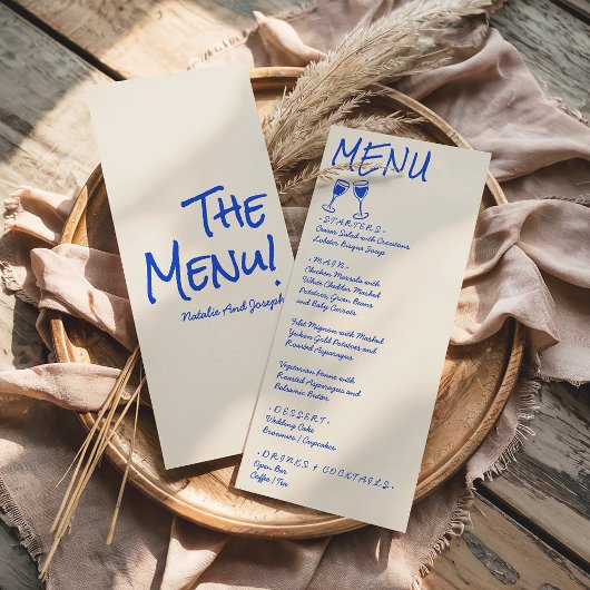 Retroblaue handgeschriebene Wein-Hochzeitsmenü  Menükarte