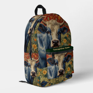 Retroblaue Kuh im Sonnenblumengarten Bedruckter Rucksack