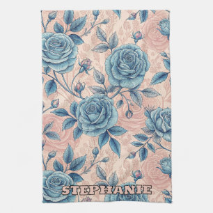 Retroblaue Rosenmuster auf weichem rosa Hintergrun Geschirrtuch