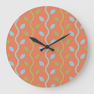 Retroblaue und grüne Reben auf orangefarbenem Blum Große Wanduhr