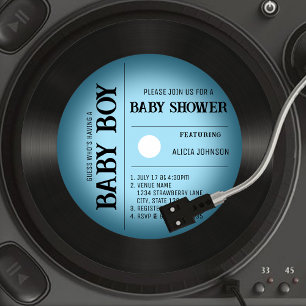 Retroblaue Vignette-Vinyl-Schallplatte-Junge-Baby- Einladung