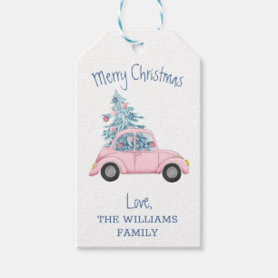 Retroblauer Weihnachtsbaum Rosa Auto Frohe Weihnac Geschenkanhänger