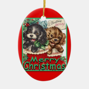 RetroChristmasPuppies-KERAMIK Oval-Verzierung Keramik Ornament