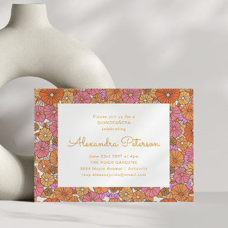 Retroflorale Grenze Orange Pink Quinceñera Einladung