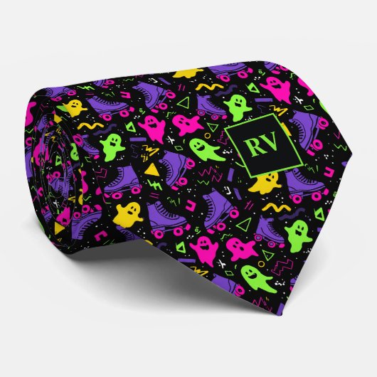 RetroHalloween Spuk Arcade Vibes Mit Monogramm Krawatte (Gerollt)