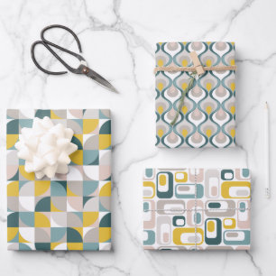 RetroMod-Muster Aqua Türkis Blau Rosé Pink Gelb Geschenkpapier Set