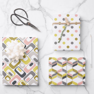 RetroMod-Muster Senfgelb Rosa Grau Taupe Geschenkpapier Set