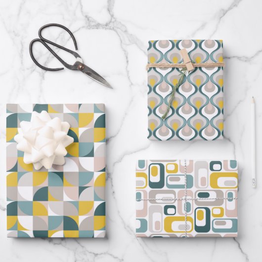 RetroMod Patterns Aqua Teal Blue Blush Pink Yellow Geschenkpapier Set (Vorderseite)