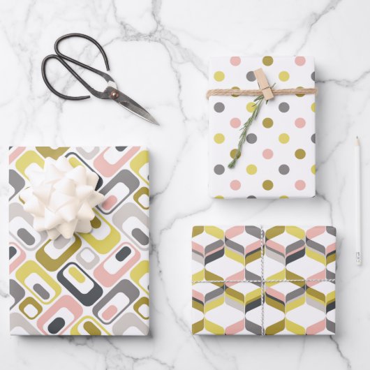 RetroMod Patterns Mustard Yellow Pink Grey Taupe  Geschenkpapier Set (Vorderseite)