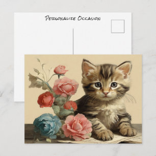 Retroportrait Süßes Kätzchen Sanfte Farben Blumen Postkarte