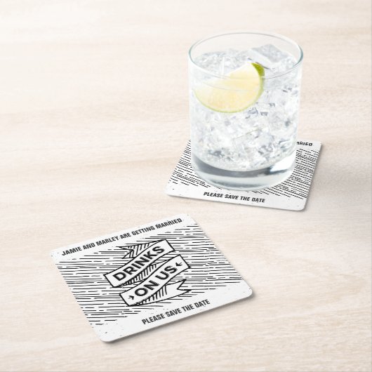 Retropress Drinks auf uns Save the Date Untersetze Rechteckiger Pappuntersetzer (Vor Ort)